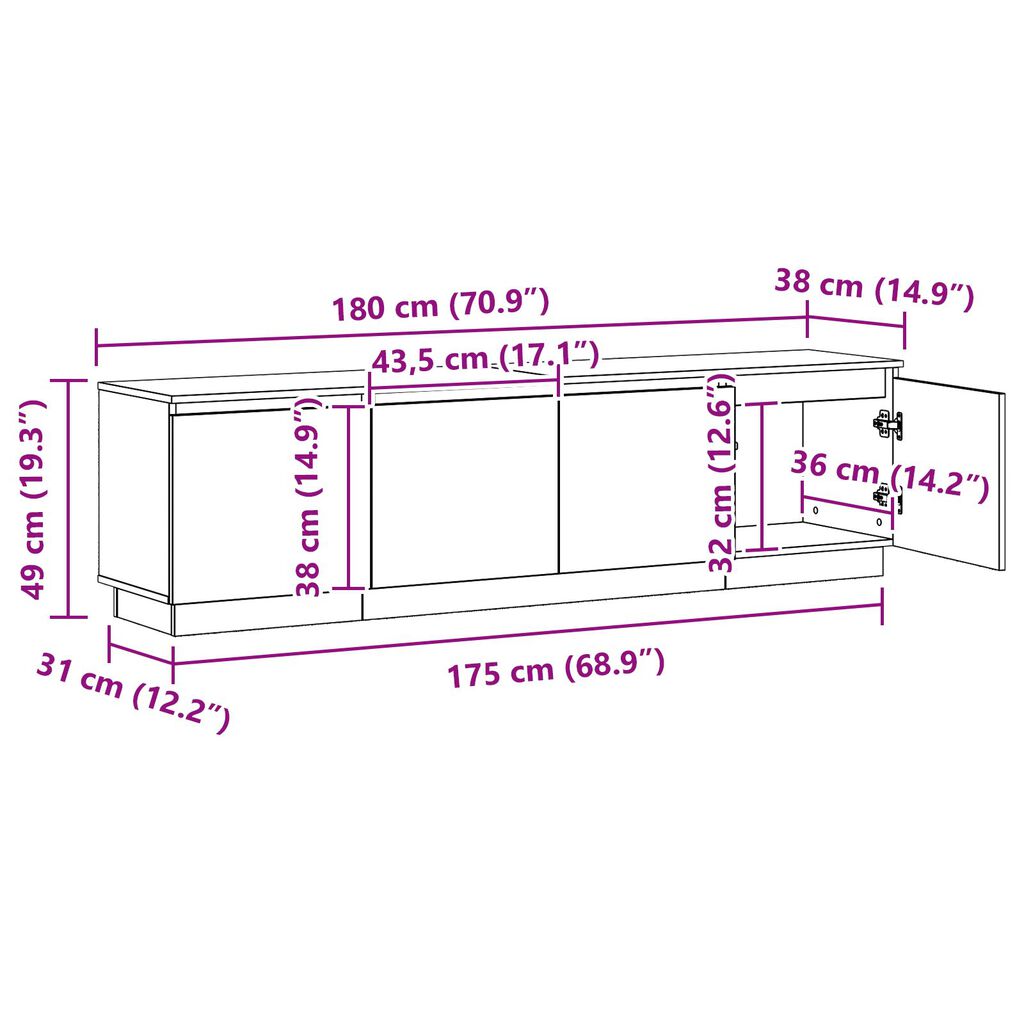 vidaXL TV cabinet with LED Sonoma Oak 180x38x49 cm Engineered Wood