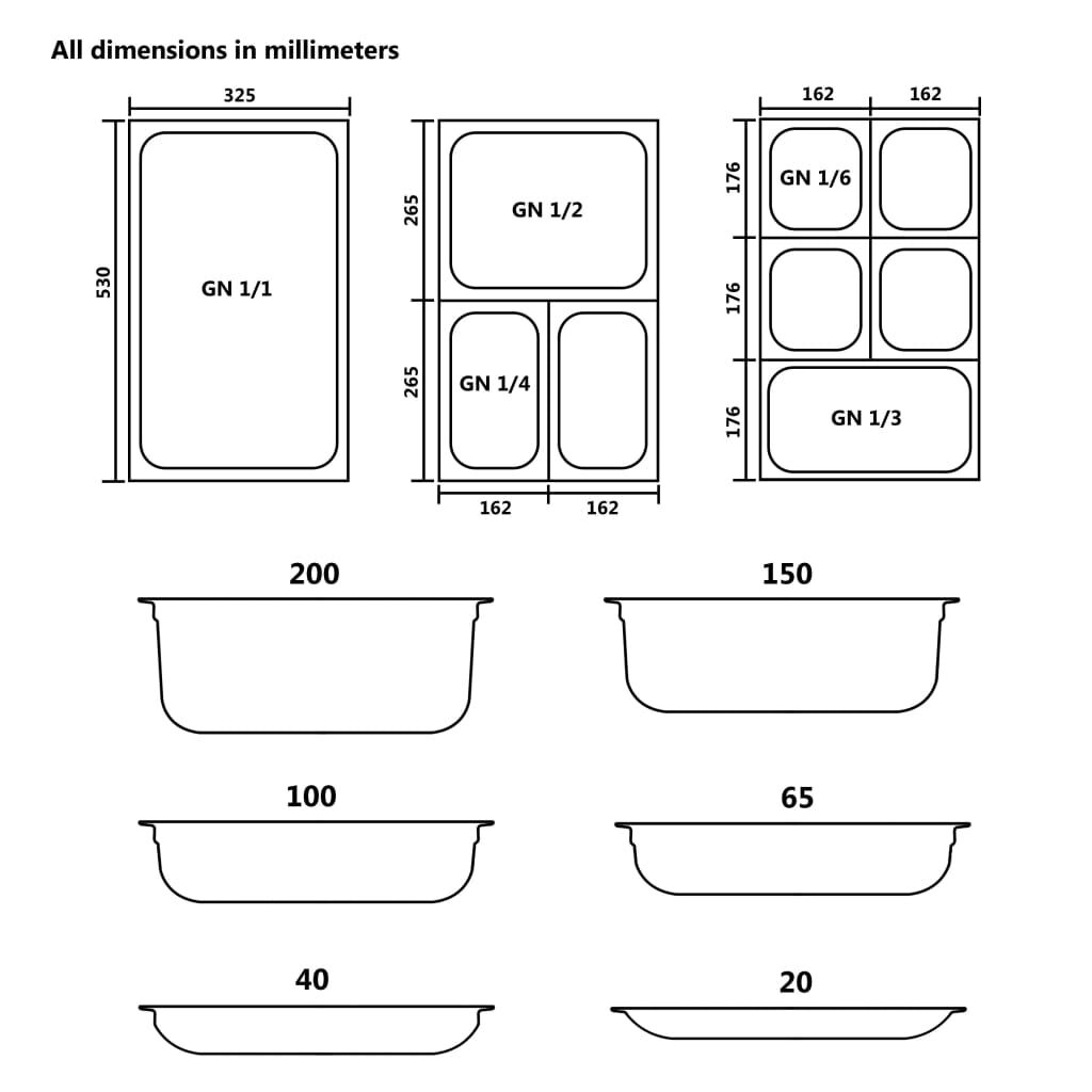 vidaXL Gastronorm Containers 4 pcs GN 1/2 100 mm Stainless Steel