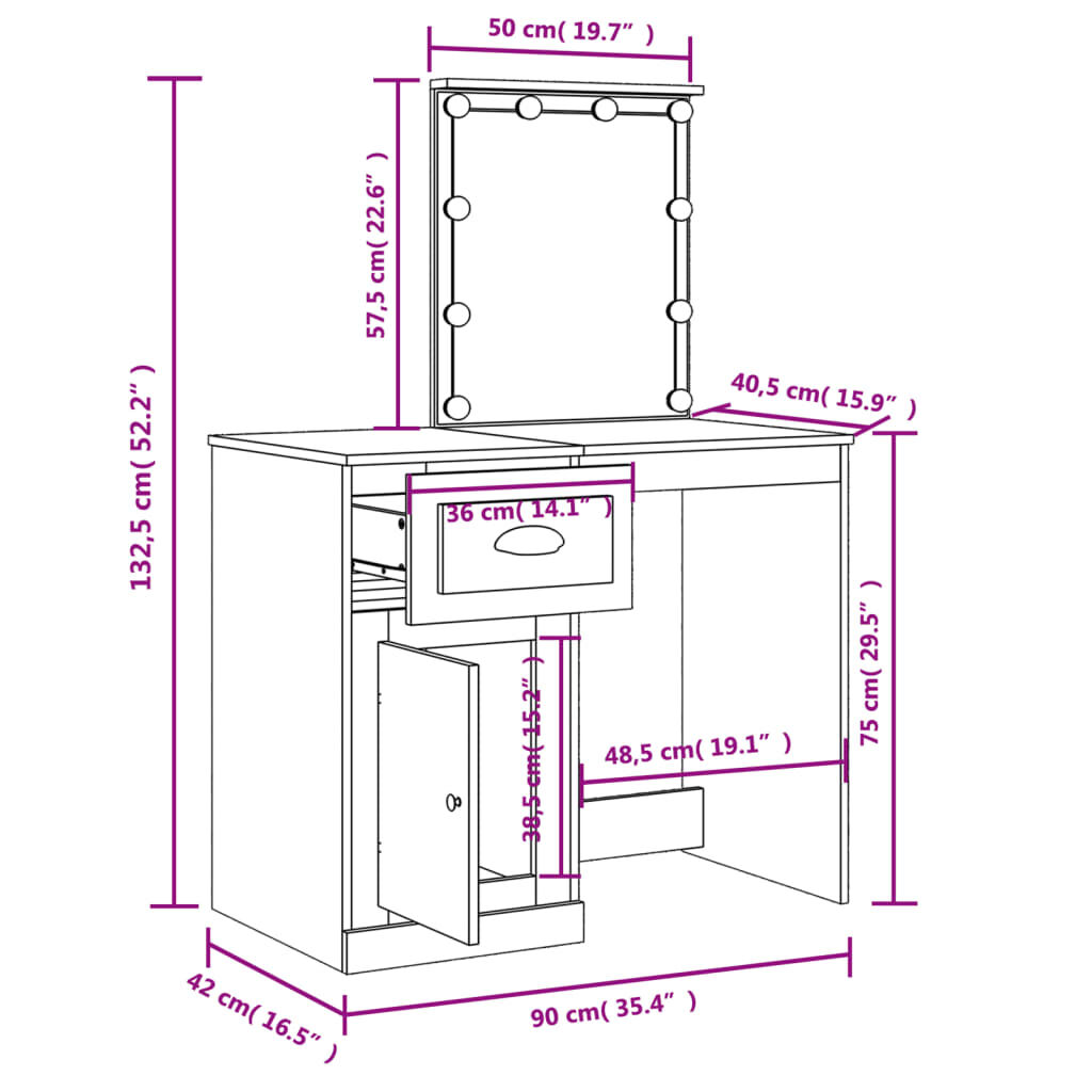 vidaXL Dressing Table with LED Lights Grey Sonoma 90x42x132.5 cm
